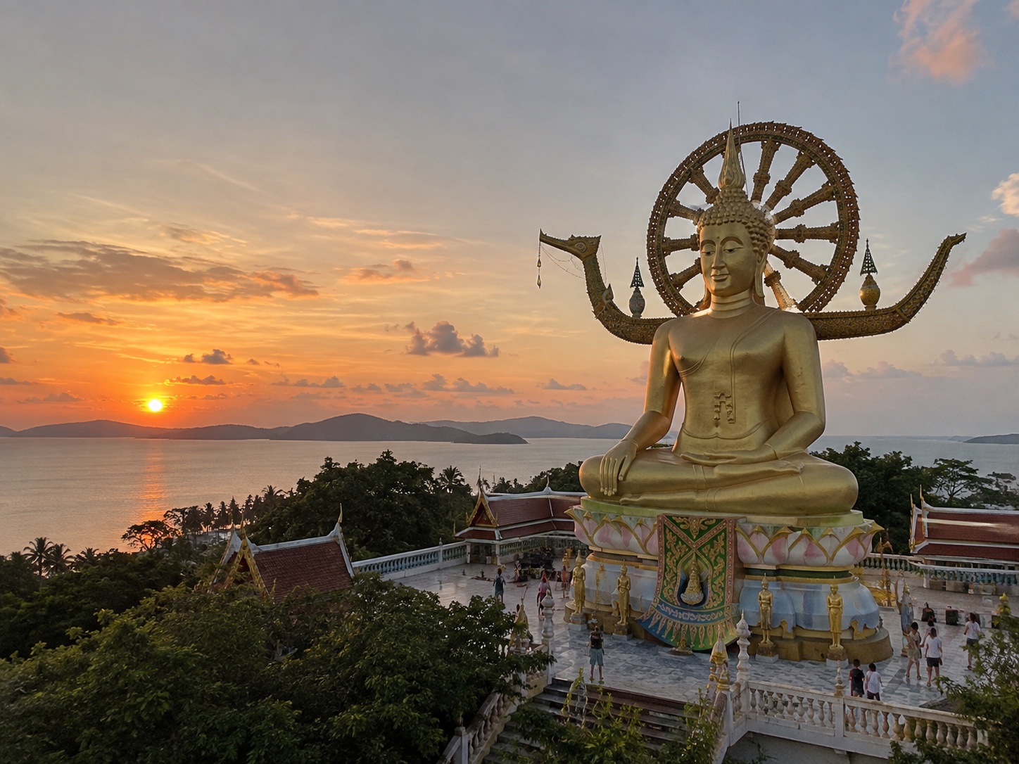 Big Buddha temple overlooking the sea at sunset in Koh Samui