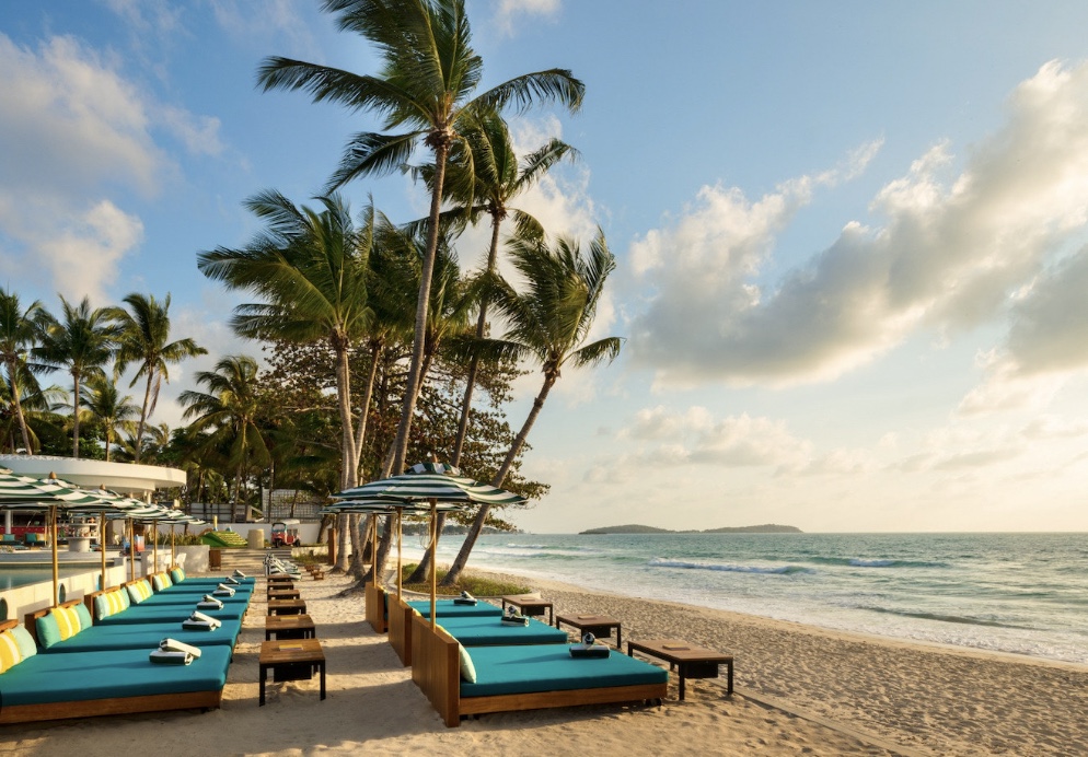 Palm-lined beach and turquoise loungers in Koh Samui, Thailand