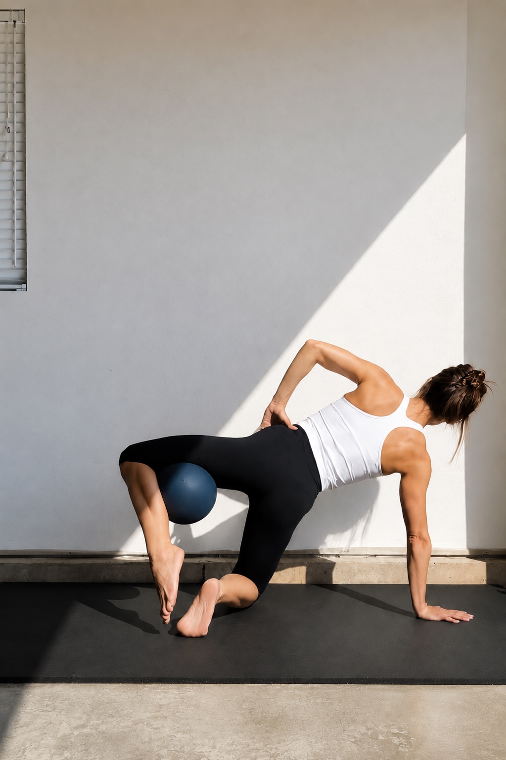 Woman using a navy ball during a controlled Pilates hip and core exercise