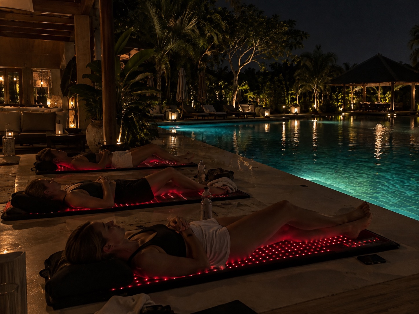Retreat guests relaxing on red-light therapy mats beside the illuminated pool at night