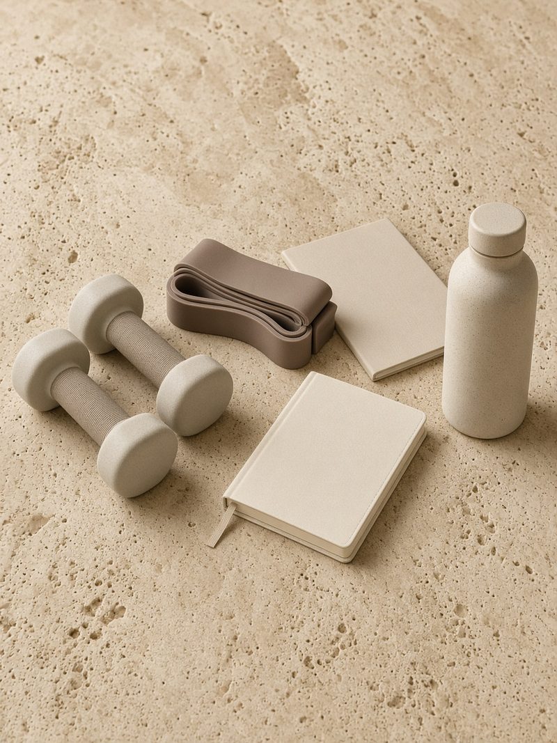 A woman sits on a gym floor with a shaker and training bag, the photograph for the Foundations bundle